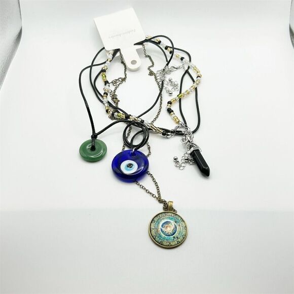 Bohemian Layered Chunky 5-Piece Necklace Set with Gemstone & Evil Eye Pendants - Picture 4 of 10